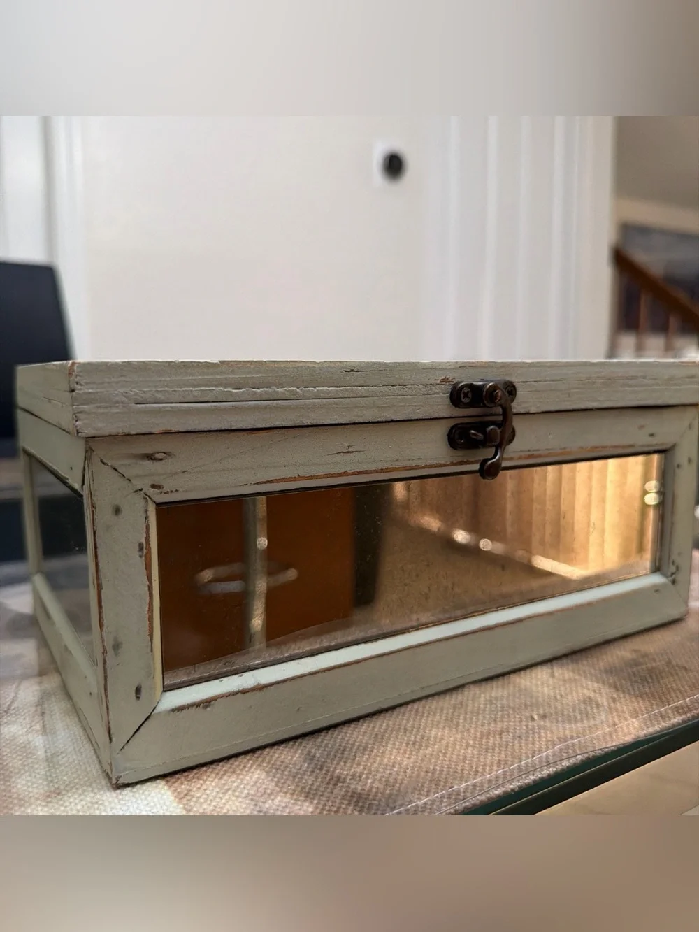 Distressed White Glass-Top Jewelry Box with Vintage Latch